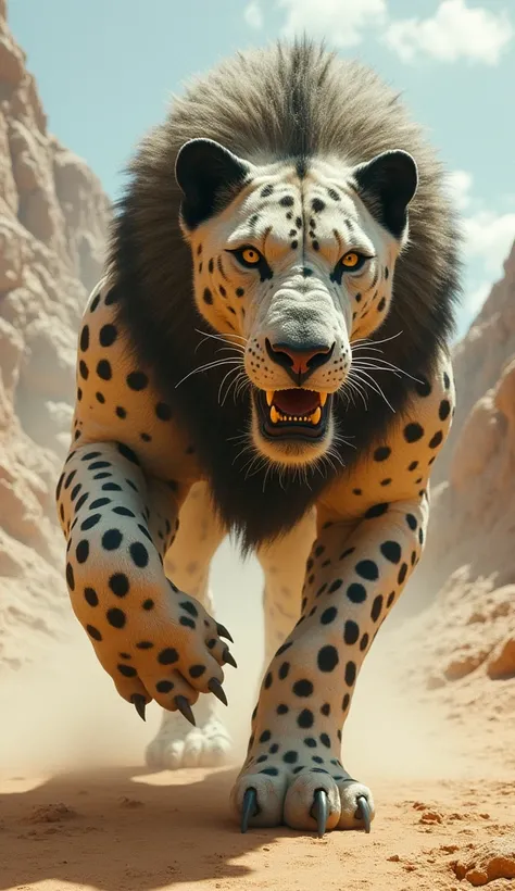 A montruous hybrid of a realistic giant monstrous muscular Dalmatian Dog combined / fused with a giant monstrous Lion running on all fours in a realistic desert