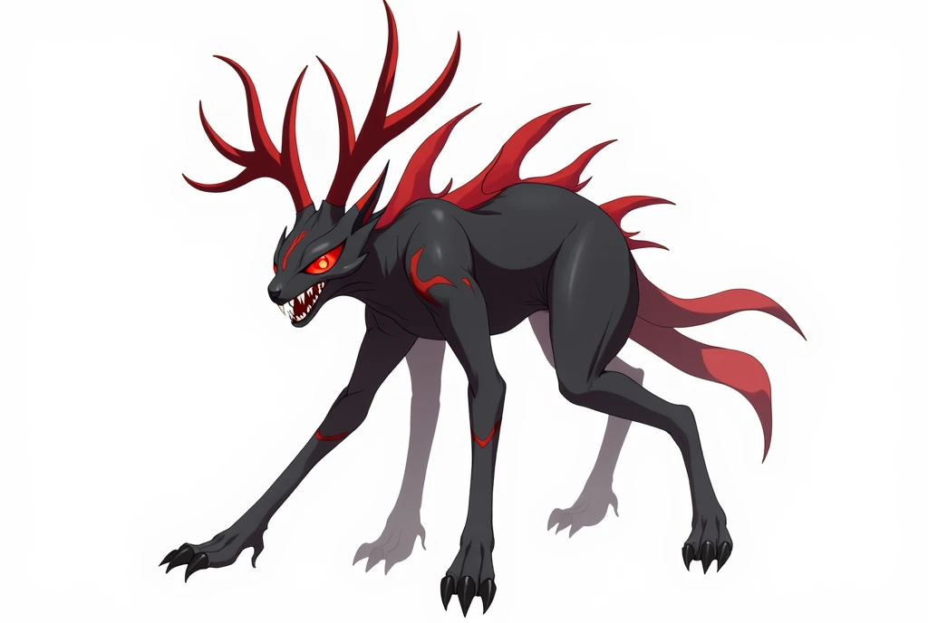 Black rabbit like creature, red and white markings, Red eyes, red antlers, six legs , sharp fangs, anime style, creature concept art, painting, white background 