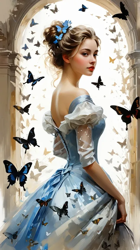 mj, RTX, 4k, HDR, Anna Razumovskaya, Casey Baugh, Antonio Mora, Aminola Rezai, Giovanni Boldini, art, realistic art.silhouette of a woman surrounded by butterflies, trending on pixabay, beautiful dress, cute artwork, cinderella, beautiful shapes, polishing...