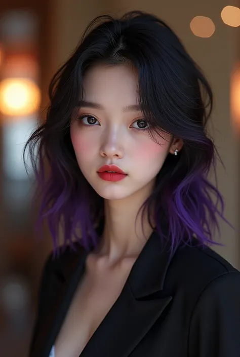  A girl with white skin like velvet , More or less than 1.70 meters high. His hair is semi-wavy and long , her hair is black with purple locks ,  her eyes are a dark black color , and her apple-red lips ,  she wears a casual and at the same time elegant ou...