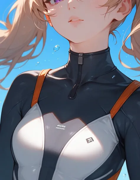 narrowed eyes, close up, score_9, score_8_up, score_7_up, (solo), 1girl, blond hair, violet eyes, pigtails, medium breast, ((hands)), thick thighs, diving suit, 