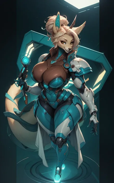 (masterpiece, anthropomorphic sci-fi fantasy anime style, creative art), a beautiful anthropomorphic reploid goddess, wearing high-tech full body armor, futuristic background, curvy, sexy beauty, big breasts, big ass, big tail, voluptuous, expressive, chee...