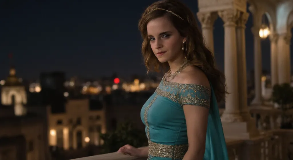 cinematic photo a emma watson standing on a balcony at night. the layout is centered, with the subject positioned slightly to th...