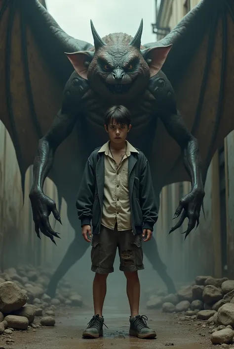   A 16-year-old boy stands in school clothes with an angry face in the arms of a bat, All clothes are dirty  . Ripped realistic sneakers  