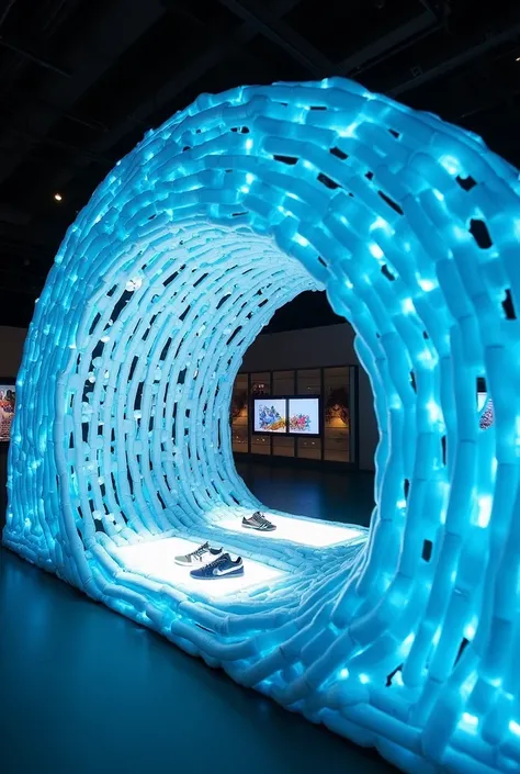 
Imagine a giant wave-shaped installation made entirely of recycled plastic. Inside, , EcoStep sneakers are displayed on illuminated pedestals . Next to the wave ,  there will be interactive screens where visitors can learn about how their actions affect t...