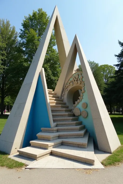 Design of three stone triangles of different sizes burst and circle shaped stones to sit on the slopes created between the triangles in the park space and one of the triangle sides in blue