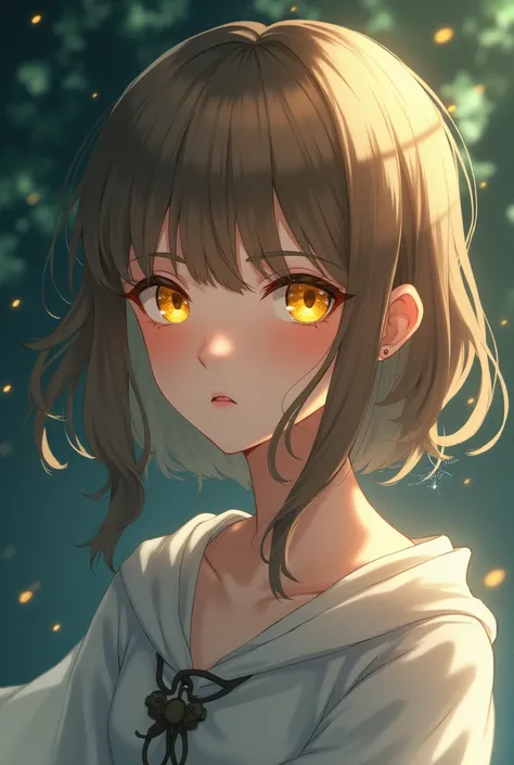 Girl with light brown hair without bangs, with yellow eyes , anime style art , mystical