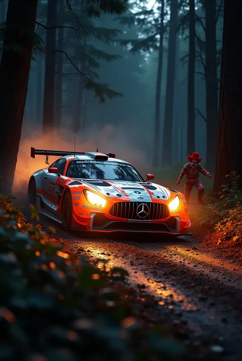 a fast funny car with bright headlights and fire sparking from the exhaust, running through a forest rally stage at night being followed by some clowns