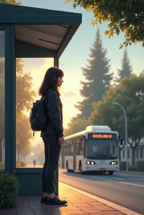  Create an image of a young woman named Marcela going to a bus stop at 7:00 in the morning and taking a bus image 9x16  