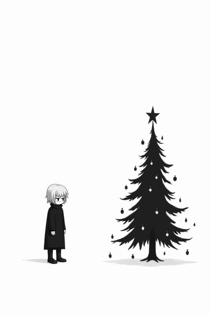 Generate an image that has no color ,  but is simply underlined with black ,  that has sad ren on one side of the Christmas tree without the Christmas star 