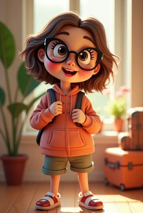 Disney 3d cartoon of a happy adult woman not so pretty ,  plump but not much with very disheveled brown hair, red lips and glasses returning home after vacation  