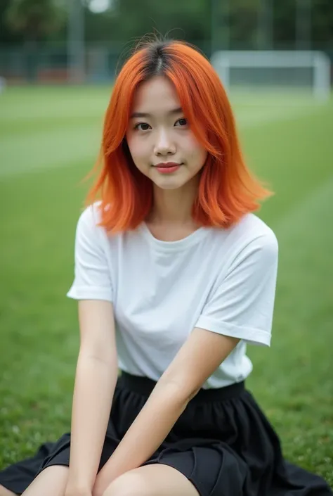 Female thailand, student small size, hair color red,orange height 160 with white Tshirt, black skirt, sit on ground pose sexy , shot photo behind in football field 