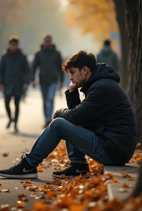 The young man sits on the side of the road, his posture slouched, one knee bent up, and his face resting on his hand. Other people, of various ages and ethnicities, walk past him calmly, seemingly unaffected by the invisible wall. The light in the scene is...