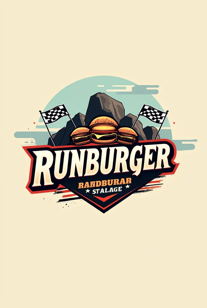  Generate a 2D logo with more emphasis on the name "Runburger ",  I want something simple ,  with racing stuff for cars and motorcycles ,  may have colors that resemble rock and food .