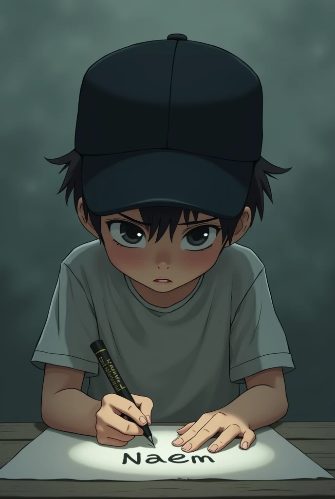 Blur face anime sad boy wear black cap and write NAEEM name