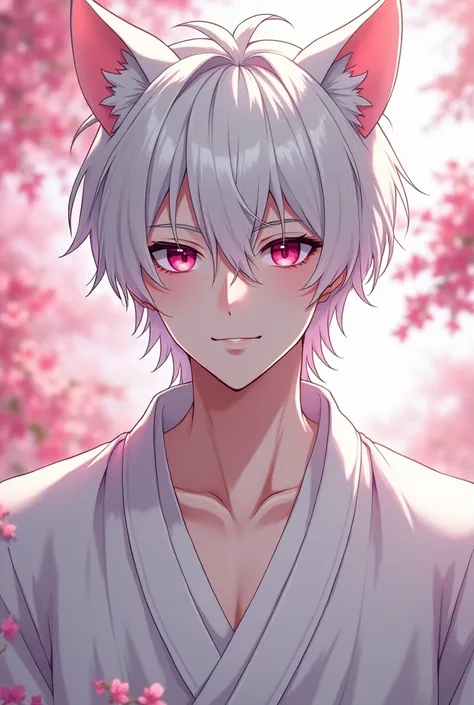 Realistic anime-style 4k quality image , Where is a handsome 24-year-old man who wears , Half human and half feline with cat ears , he has white skin,  white hair and pink magenta eyes .  This same man has a serious face with a slight smile , and look at t...