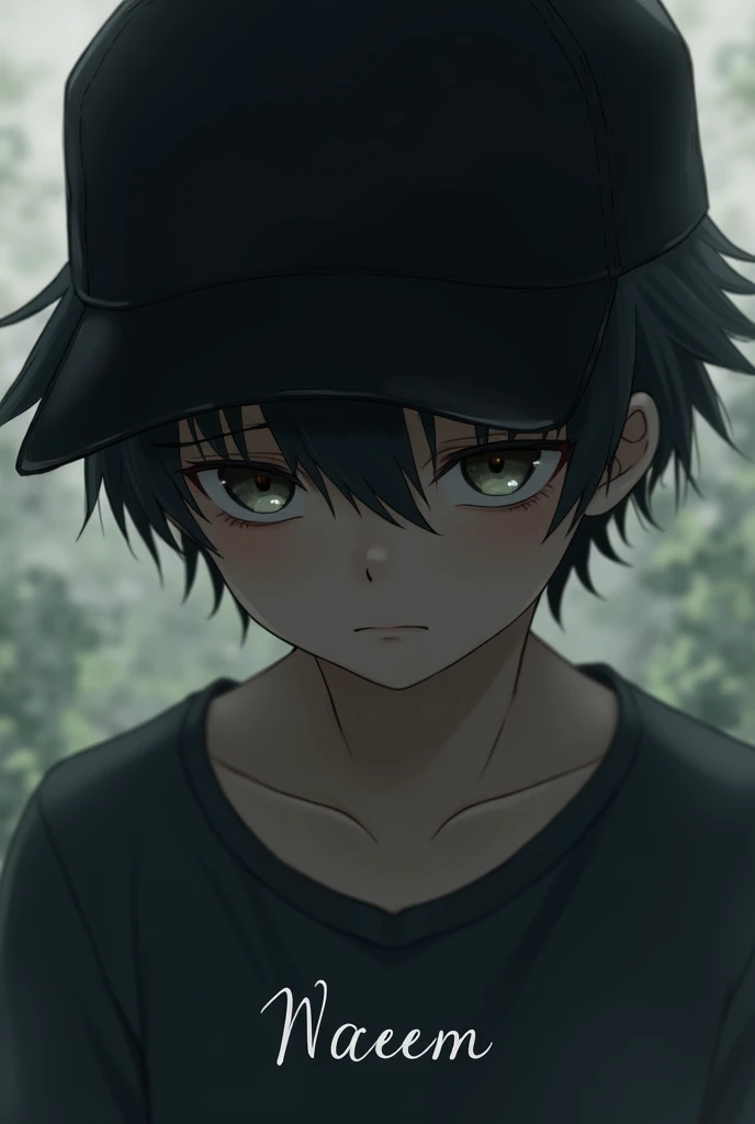 Blur face anime sad boy wear black cap and write NAEEM name. This pic is not draw something else