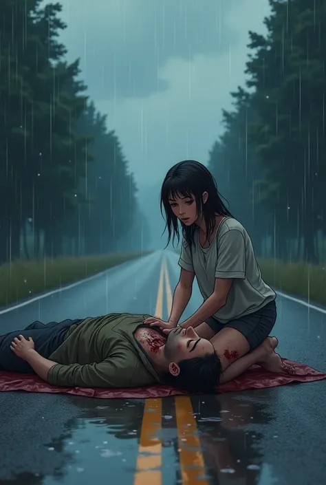 Woman of approximately 20 years of age on the road in rainy weather holding a badly injured man cartoon 