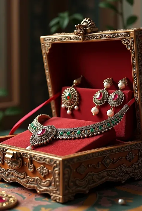 Create a realistic picture set of Pakistani jewelry in box