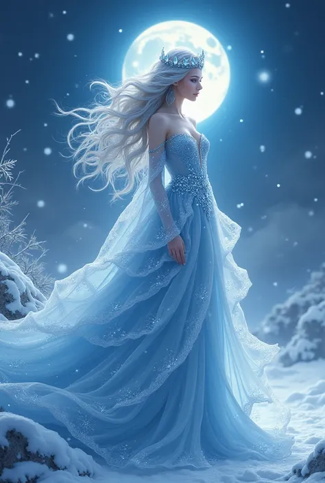 "A magical winter queen with wavy silver hair that glows softly like ice crystals. Her eyes are translucent blue, with a deep, mysterious glow, and she wears a delicate tiara made of ice and precious stones. She wears a long gown of shades of blue and whit...