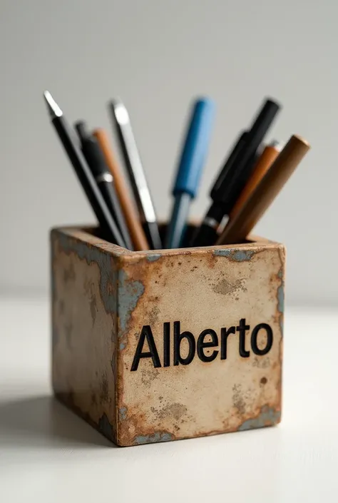 A pen holder made with recycled material 
With the name Alberto  
