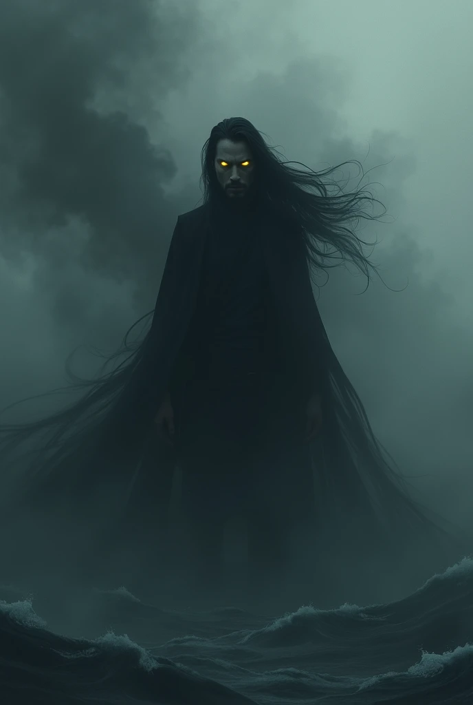 Man surrounded by a lot of black smoke
He has bright yellow eyes and long black hair
Hes standing in the middle of the sea 