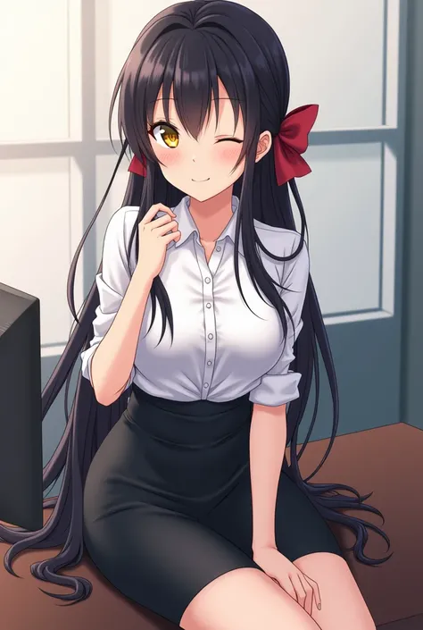 score_9, score_8_up, score_7_up, source_anime, solo, 1girl, aliceliesenebulis, smile, looking at viewer, sitting on desk, ahoge, hair ribbon, red ribbon, one eye closed, white shirt, collared shirt, black skirt, pencil skirt, black pantyhose, large breasts...