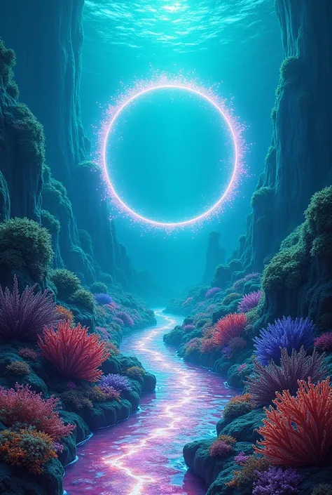 A mirror,  glowing Path surrounded by an overgrowth of colorful coral and Sea plants. A circular neon portal is at the end of the Path, with rolling clouds ins círculo grande portal