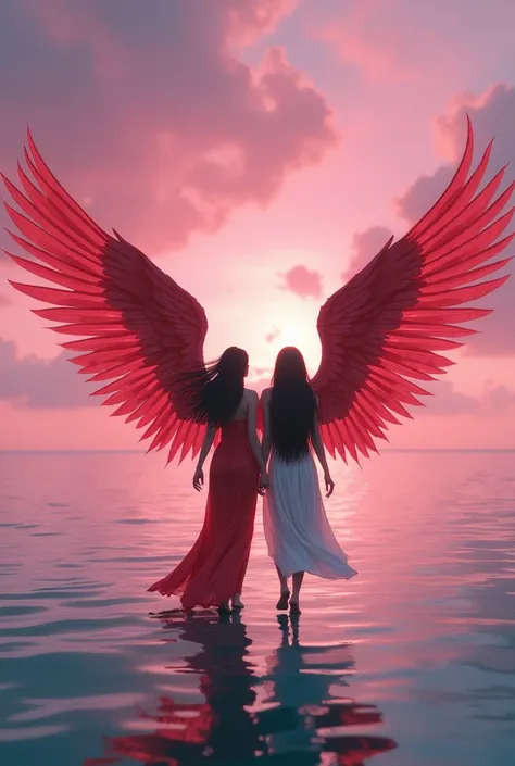 A woman with big red wings on her back next to
A man with long black hair 
Both are walking in the middle of the sea, Under a pink sky 