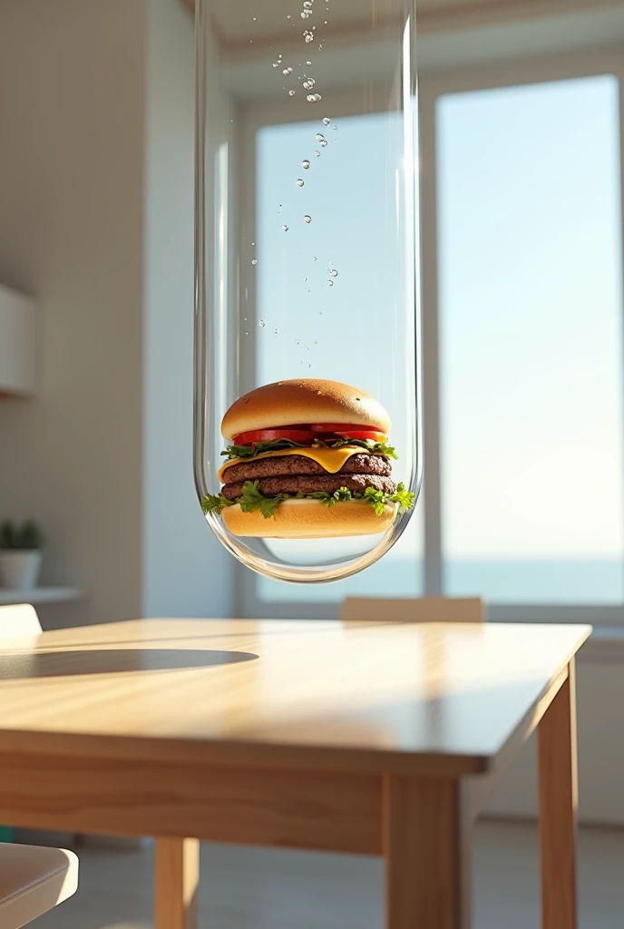 A hamburger passing through a transparent tube to the table
