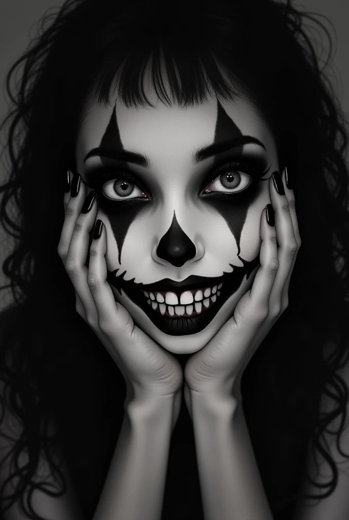 a woman with black and white makeup holding her hands up to her face, gothic maiden anime girl, horror smile, scary smile, goth clown girl, gothic girl face, creepy clown girl, joker smile, slasher smile, realistic - anime, gothic girl, wicked smile, large...