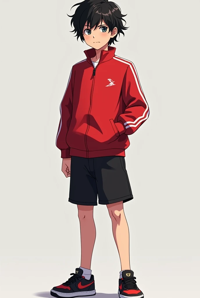 real character boy  Tall and thin, black wavy hair. Wears a red sports jacket, black shorts and sports shoes. full-length portrait