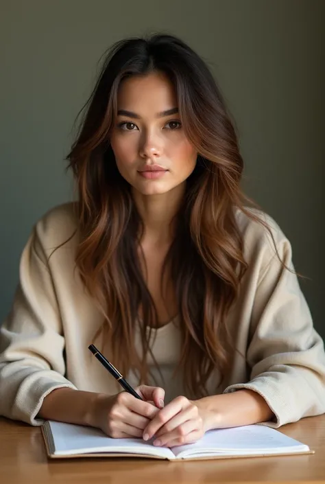 A beautiful woman with long dark hair and brown highlights wearing nude ,  clothes sitting at the table working with a notebook conveying confidence and naturalness.