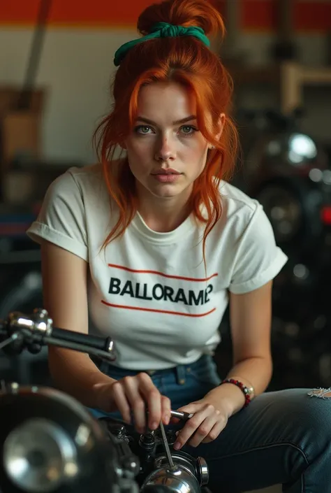  Hyper realistic photo. In a garage setting , The highlight is a young red-haired woman with medium hair tied by a green scarf ,  medium breasts wearing a white t-shirt with the brand BALLORAMA written in the spotlight. She holds a tool and is carrying out...