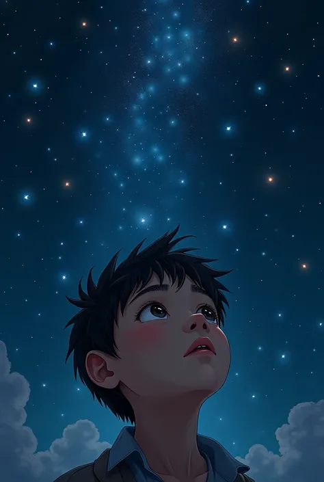 A beautiful night filled with stars, infinite beauty, eyes filled with emotions, a boy looking at the sky