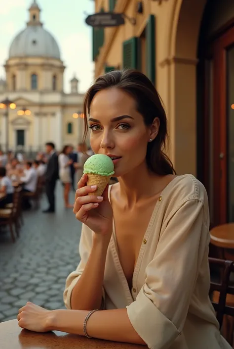 Create an image of Angelina Jolie sitting in a bar outside Rome licking pistachio ice cream