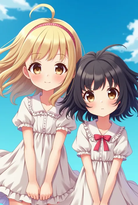 Make an image of two girls , , one with white skin, blond hair and brown eyes ,  and the other girl who is a brunette with curly black hair with brown eyes, That the girls are on a blue background and the girls are anime 