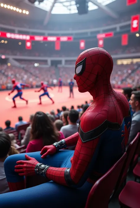 Spider-Man sits and laughs at the fighting tournament