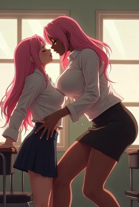  Anime style black woman straight pink hair , Teaching at a school ,  transparent white button down shirt ,  huge breasts bigger than the head small and erect nipples ,  tilting the body placing the breasts on the face of the student who is sitting in a ch...