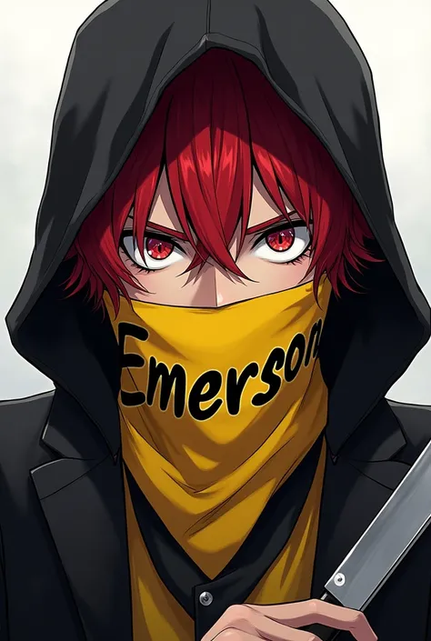 Anime image of a blood-haired young man with a black hood and a knife and who has the name Emerson written on him and with a yellow-black handkerchief around his eyes that has the name Emerson written on the handkerchief
