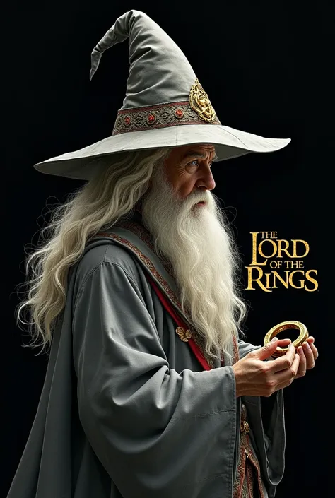  Drawing of a wizard wearing clothes and a pointed hat in gray , with a beard and long white hair ,  with a black background written in Gold Lord of The Rings and the design of a golden ring written in elvish letters in orange 