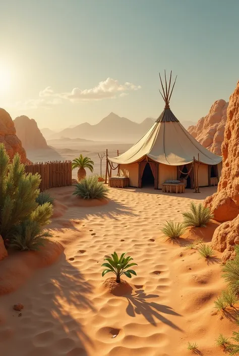 camp,  slight wooden wall ,  surrounding the rudimentary tent camp,  ancient Arabian style , realistic seedling ,  with a nearby oasis ,  under the desert sun 