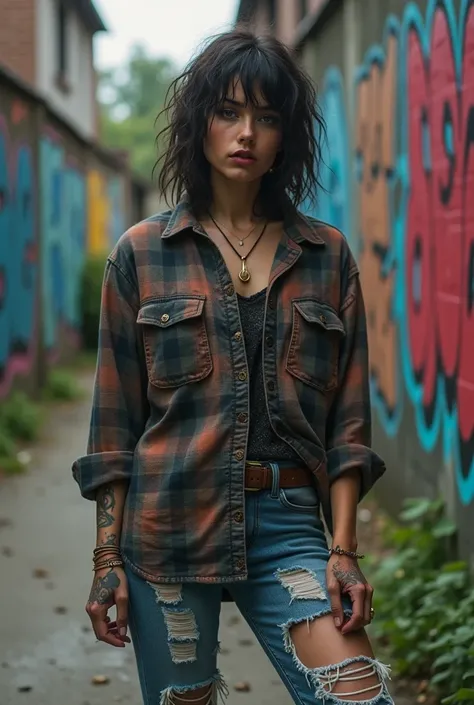 A 1990s grunge-inspired girl wearing oversized flannel shirts, ripped jeans, and combat boots. She has a messy, unstyled hair look and dark makeup. The background features a gritty urban setting, with graffiti-covered walls and an edgy, rebellious atmosphe...