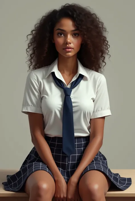 A brunette girl with curly hair and big breasts sits with her legs stretched out, taking a realistic photo wearing school girl uniform, sri lankan, brown skin