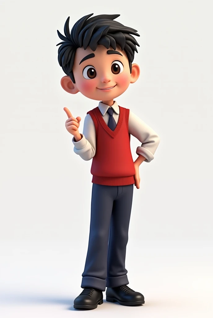 Young teenager with well-groomed black hair wearing school uniform composed of white shirt,  red vest and dark blue pants and black shoes without stamps on his clothes in 3D animation without stamps on his clothes, Pointing to something next to him