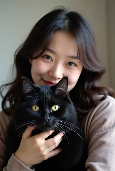 Jennie Kim, korean, taking a picture with a black cat
