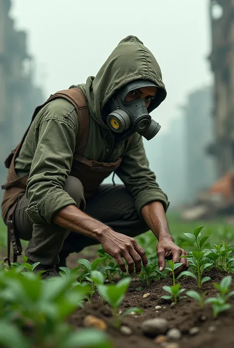 A Gardener with a Mask in an End of the World Setting