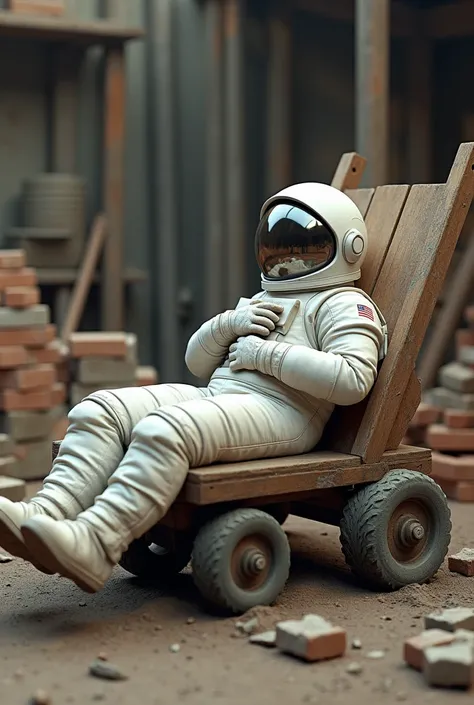 an astronaut lying on a bricklayer cart 