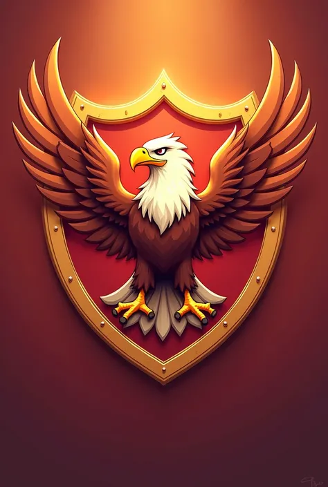 Eagle logo in the center with an animated red and gold cartoon style shield 