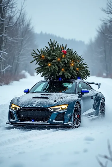 let the car be in a greater slip and the Christmas tree more fit to the roof and it should have lights and the mirrors of the vehicle should also be blue 